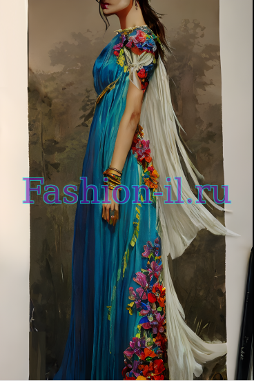 Эскиз голубого платья с цветочным орнаментом